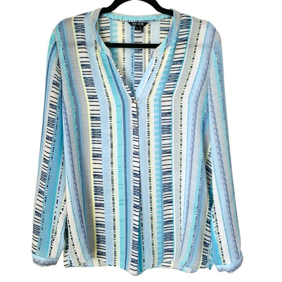 Nic+Zoe Top Women M Blue Stripe Sheer Flowy Button Front Roll Tab Career Office - Picture 1 of 7